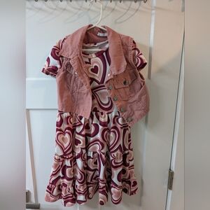 Knitworks Pink & Cream Heart-Print Tiered Dress with Pink Denim Vest, XS (6/6X)